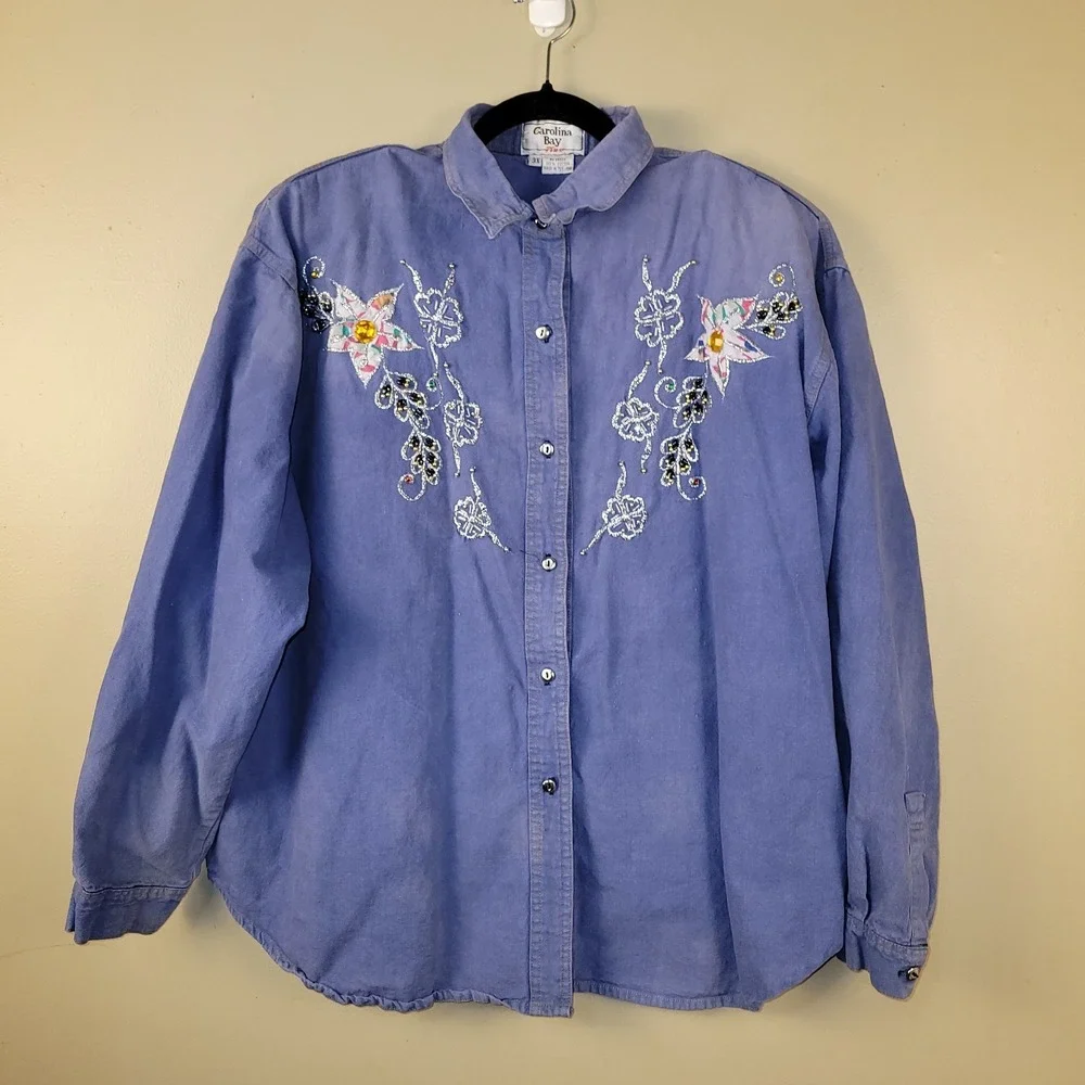 Vintage Carolina Bay Plus 3X 2 Pc‎ Blue Embroidered Skirt Set Cotton Floral